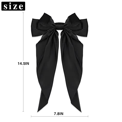 Big Bow Hair Accessories 2pcs - Long Tail French Satin Silky Barrettes for Women and Girls, Black, Burgundy, Red Bows for Birthday, Party, Show, Christmas