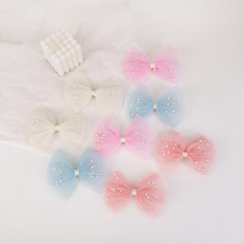 2 PCS Pearl Hair Bows Hair Clips for Toddler Girls - Elegant Ivory Lace Veil Hair Accessories for Birthday, Wedding, Halloween, Thanksgiving, and Christmas Occasions(Light Blue)