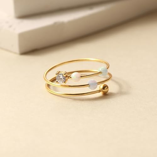 LOVECOM 14K Gold Plated Filled Fidget Rings With Opal S925 Sterling Silver Adjustable Open Anxiety Ring for Women Cute Stress Relieving Spinner Ring With Beads Jewelry Christmas Gifts for Mom