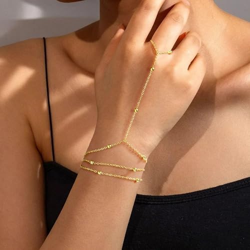 Yoosteel Hand Chain Bracelet for Women - Dainty 14K-Gold-Plated Finger Ring Hand Chains Layered Trendy Link Bracelets Jewelry Gifts for Women