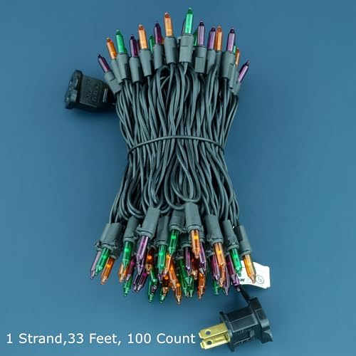 YULETIME 100 Count Orange Green Purple Christmas Lights, 33 Feet Black Wire UL Certified Incandescent-Like LED Mini String Lights