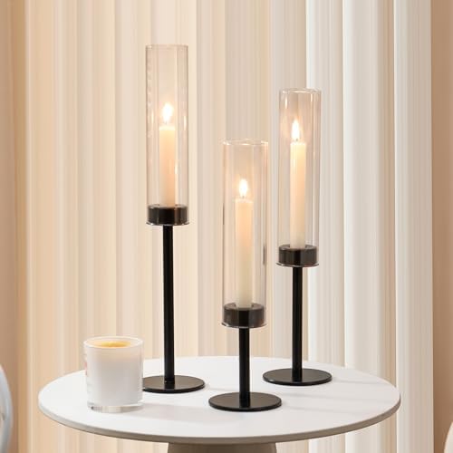 Black Hurricane Candle Holders Set of 6, Tall Metal & Windproof Glass Taper Candle Holders, Outdoor/Indoor Table Centerpieces for Weddings, Christmas, Parties, Fireplace Decor