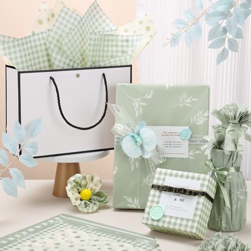 120 Sheets Green Tissue Paper for Gift Bags, Sage Green Botanical Stripe Dot Gift Wrapping Paper Bulk for Wedding Baby Shower Birthday Party Christmas DIY Crafts Packaging, 14 x 20 Inch