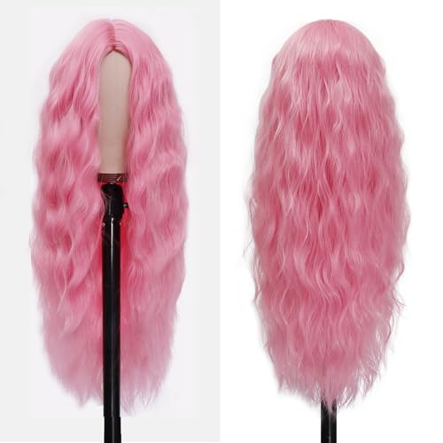 30 Inch Pink Wigs for Women Long Wavy Wigs Light Pink Wig Colorful Curly Wig Natural Looking Middle Part Synthetic Heat Resistant Wigs for Cosplay Halloween Christmas Gifts Party Daily Use