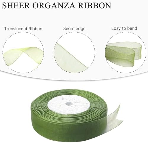 3/4 inch Sage Green Sheer Organza Ribbon 50 Yards Chiffon Ribbon for Gift Wrapping Christmas Halloween Decoration Wedding Flower Bouquet Crafts