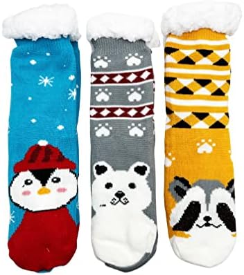 Winterlace Fuzzy Fluffy Slipper Socks, 3 Pairs Womens Sherpa Non Slip Plush Comfy Cozy Cabin Sock