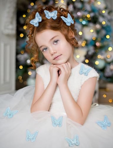 12Pcs Blue Butterfly Hair Clips, Cute Lace Embroidery Flower Butterfly Hair Bow for Women Girls Fairy Hair Accessories Halloween Christmas Party Decor (Blue)