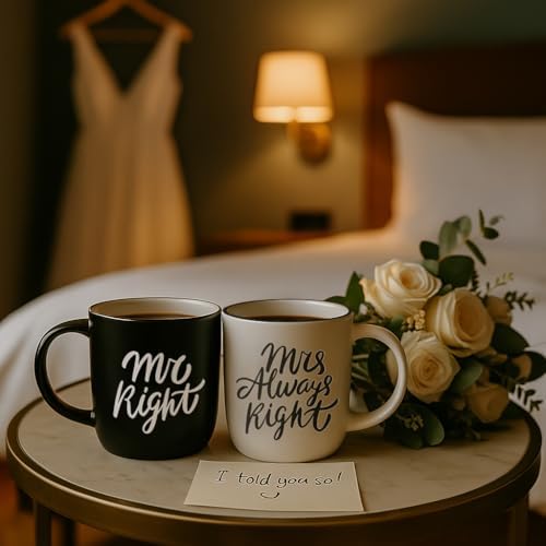 Triple Gifffted Mr Right Mrs Always Right Coffee Mugs Gifts Ideas for Couples, Wedding Anniversary, Engagement, Christmas, His & Hers, Bride and Groom, Parents, Newlyweds Bridal Shower, Ceramic 380ml