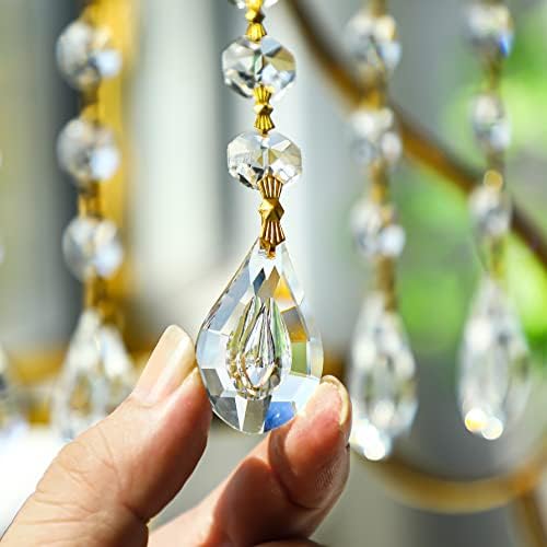 10pcs Crystal Garland Strands Crystal Lamp Beads Glass Loquat Prism Hanging Chandelier Beads Replacements Strings Christmas Wedding Decoration for Home Gold Pinning