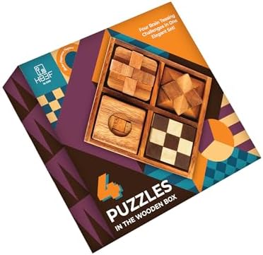 BSIRI Wooden Puzzle Box Set (4 Games) - Challenging Brain Teasers 3D Puzzles for Adults, Interlocking Games for IQ Test. Ideal for Rustic Patio Decor, Unique Gift for Christmas and Birthdays