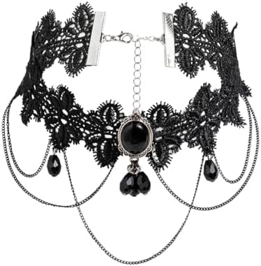 PINK TOWN Gothic Black Lace Choker Necklace for Women Goth Crystal Pendant Necklace Vintage Vampire Choker Necklace Christmas Halloween Birthday Jewelry Accessories