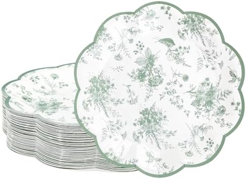 Sage Green Floral Leaf Disposable Paper Plates - Wildflower Green Toile 7" Scalloped Rim Dessert Plates for Christmas, Birthday, Bridal & Tea Parties (48)