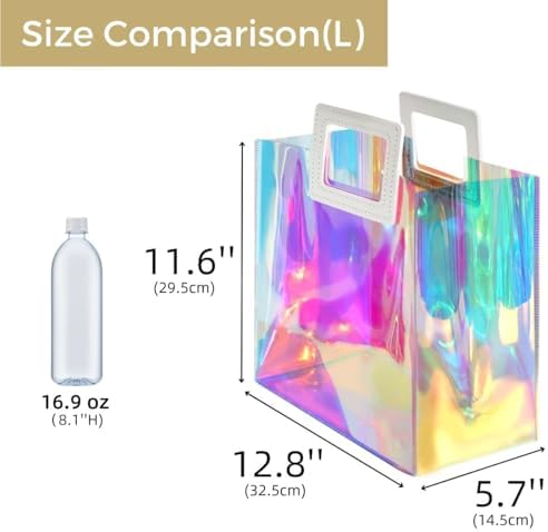 VUOJUR Holographic Large Gift Bag 12.8x11.6x5.7'' Clear Reusable Birthday Gift Bag for Women Girls Iridescent Bachelorette Wedding Christmas with Handle