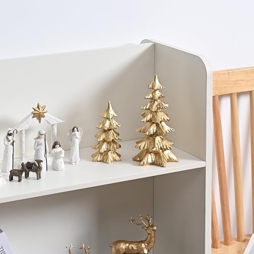 Gold Christmas Tree Figurines, Small Resin Christmas Trees Home Decor, Tabletop Tree Set of 2, Decorative Xmas Trees for Christmas Decorations Indoor Mantle Centerpieces