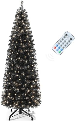 YITAHOME Pre-Lit Black Pencil Halloween Christmas Tree 7.5ft w/Remote, Black Slim Artificial Christmas Tree, Prelit Pencil Christmas Tree w/ 350 LED Lights & 1000 Branch Tips | Holiday Decor