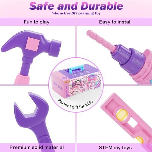 Kids Tool Set, 67 PCS Pink Kids Tool Box for Girls, Electronic Toy Drill&Tape Measure, Pretend Play Girls Toys Construction Tools Kit & Belt, Christmas Birthday Gift Ideas Toddler Tool Set Age 3 4 5+
