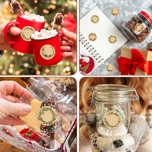 Whaline 500 Pcs Christmas Kraft Label Stickers Roll Holly Berry Wreath Tag Stickers Watercolor Xmas Self-Adhesive Decals for Winter Holiday Invitation Envelope Decor, 4 Designs