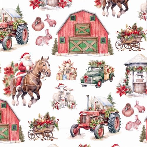 RUSPEPA Christmas Farm Wrapping Paper Roll, Mini Roll, Santa on Horse, Tractor, Red Barn, Farm Animalsand Christmas Decorations, Rustic Gift Wrap for Holiday, Country Party,17 Inches x 16.4 Feet
