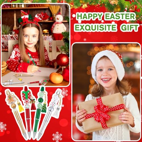 12 Set Christmas Beadable Pens Plastic Bead Pens Winter Gingerbread Man Bulk Ballpoint DIY Crafting Pens Making Kit with Pendants Lobster Clasps for Students Teens School Office Supplies