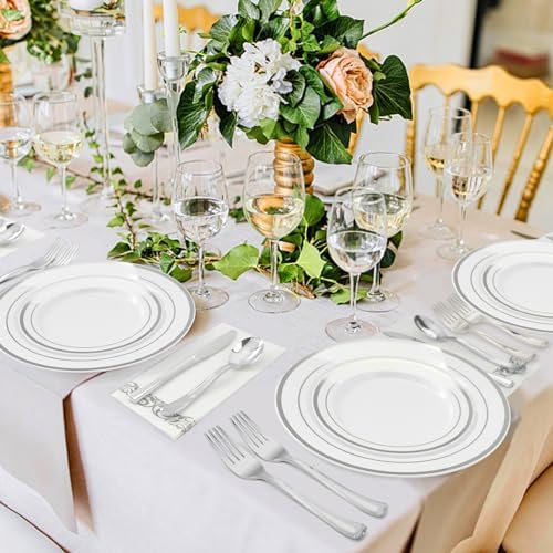 BESTVIP 50 Pack 6.9 Inch Silver Plastic Spoons, Heavy Duty Plastic Silverware, Heavyweight Silver Disposable Spoons, Disposable Serving Utensils for Catering, Parties, Dinners, Weddings, Christmas