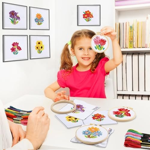 ZOIIWA 6PCS Fall Themed Flower Cross Sewing Kits for Beginners Flower DIY Embroidery Kit for Kids Adults Party Birthday Christmas Gift Needlepoint Patterns with 2 Embroidery Hoops Craft Supplies