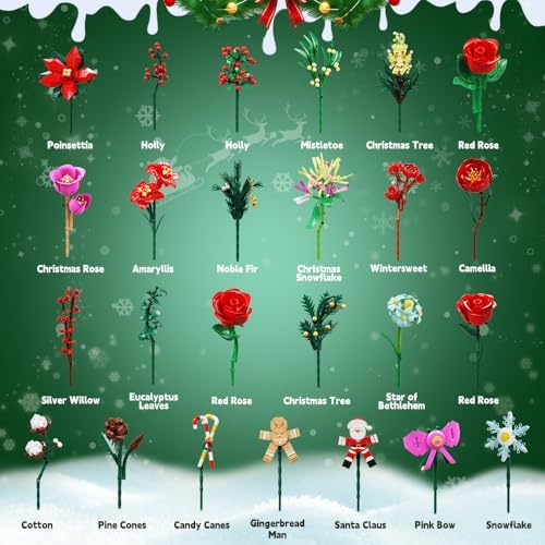 CUBIMANA 25 Pack Christmas Flower Bouquet Building Set with Light - Flowers Botanical Collection Rose Santa Gingerbread Man Artificial Plant Home Decor Party Favor Christmas Gifts for Adults Kids 12+