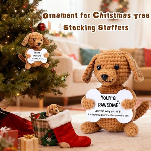 Crochet Dog Puppy Small Funny Gifts for Women Men Girls Boys, Mini Cool Cute Stuff Things Presents, Birthday Christmas Stocking Stuffers Ornament Desk Decor, Emotional Positive Support Crochet Animals