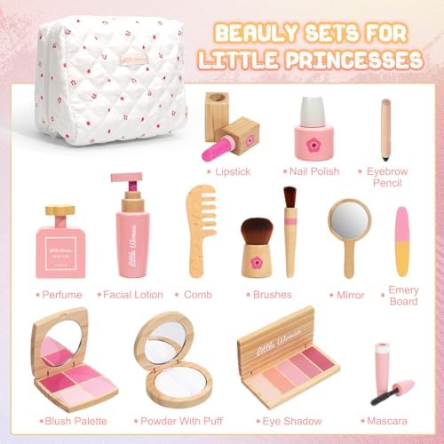 Wooden Pretend Makeup Kit for Toddlers: Non Toxic Mess Free Play Makeup Toy Set for 2 3 4 Year Old Girls - Perfect Toddler Montessori Toys Christmas Birthday Gift Ideas
