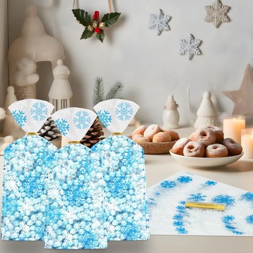 100 Pcs Winter Snowflake Treat Bags - Christmas Gift Bags, Blue White Plastic Snowflakes Cello Candy Goodie Cookie Snack Cellophane Bag with Twist Ties for Xmas Holiday Winter Wonderland Party Favors