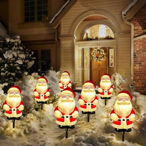 Upgraded 6-Pack Solar Christmas Garden Stake Lights, Outdoor Waterproof Solar Santa Claus Garden Stake Christmas Pathway Lights for Christmas Decorations Garden Lawn Pathway Patio (8 Modes)