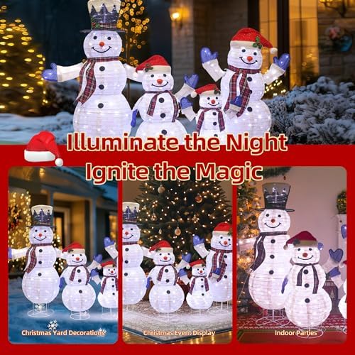 4-Piece 3D Lighted Snowman Family Set Outdoor Christmas Decorations Outdoor Snowman Decorations Collapsible Snowmen Yard Decor for Yard Patio with Weather-Resistant