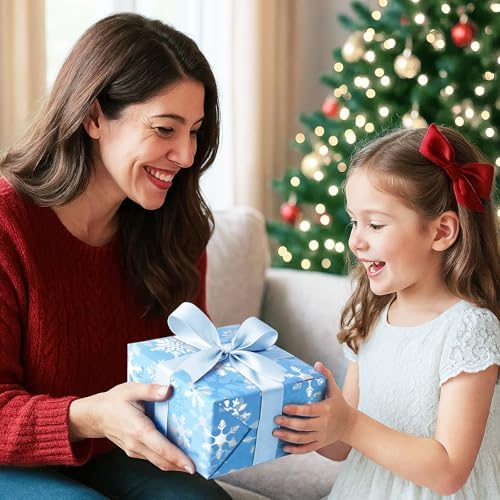 WERNNSAI Christmas Wrapping Paper Roll - 1 Roll 17”x 33 ft Blue Christmas Snowflake Wrapping Paper for Kids Girls Gift Packing Decorations Birthday Holiday Baby Shower Party Supplies