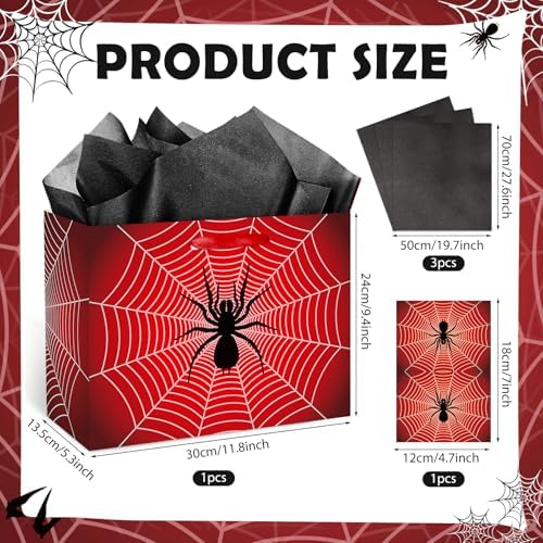 Yomaiha Spider Birthday Gift Bag Spider Party Paper Bags with Handles Tissue Paper and Card Red Black Webs Wrapping Bag Red Blue Party Decorations for Boys Men Birthday Christmas Supplies