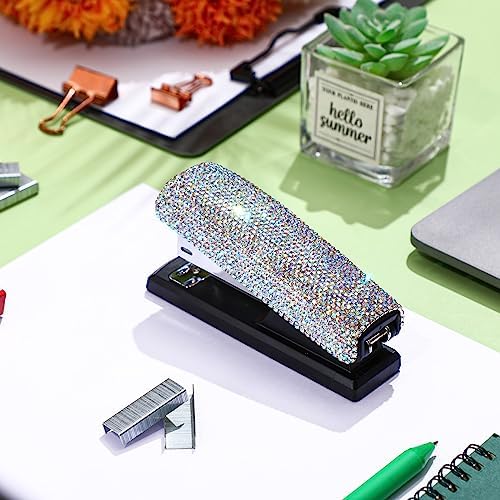 Yexiya Bling Crystal Stapler Gift Sparkly Diamond Stapler for Desk Handmade Clay Rhinestone Machine Pretty Office Stationery Kit Stylish Accessory for Women Lady Christmas(AB Color)