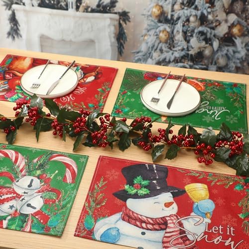 Hushee 6 Pcs Christmas Placemats 12" x 18" Washable Dining Table Mats Xmas Place Mats for Winter Home Decoration