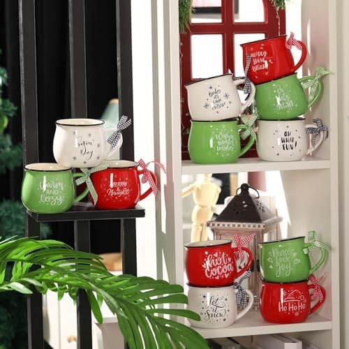 Zubebe Christmas Coffee Mugs Set of 12, 12 oz Hot Cocoa Ceramic Holiday Mugs Set for Mom, Woman, Family, Friend - Farmhouse Tiered Tray Decor, Coffee Bar Decor(Red, Green, White)