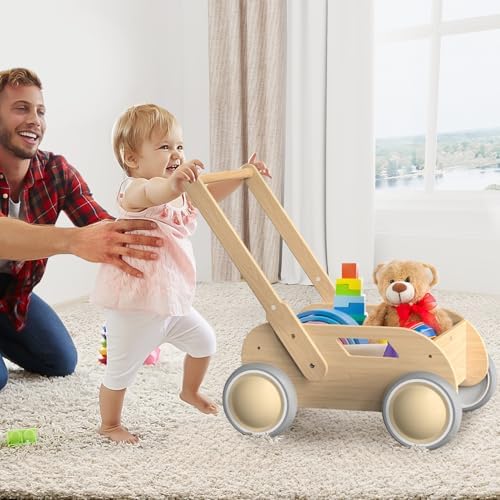 Wooden Baby Walker, Push and Pull Learning Walking Toys for Babies Infants to Toddler, Walker with Wheels for Boys Girls, Gift for Birthday Christmas, Natural