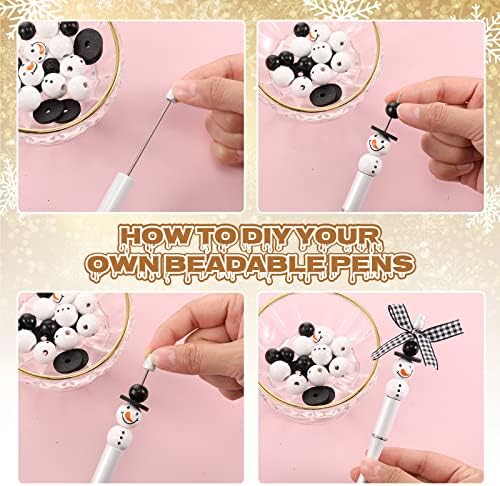 Beadable Pens Bulk Winter Bead Pens and Snowmen Wooden Beads Buffalo Plaid Ribbon Snowman Ballpoint Pens Plastic Black Ink Pen Winter Gifts for Christmas Kids Students School Office Supplies (51 Pcs)