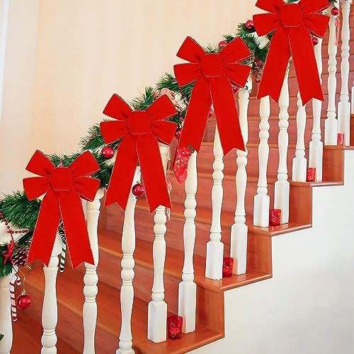 10 Pack Red Bows Christmas Tree Decorations,9”x13”Large Velvet Ornament Bow with Glitter Gold Edge for Xmas Home Wreath Fence Stairs Railing Fireplace Indoor Outdoor Front Door Decor