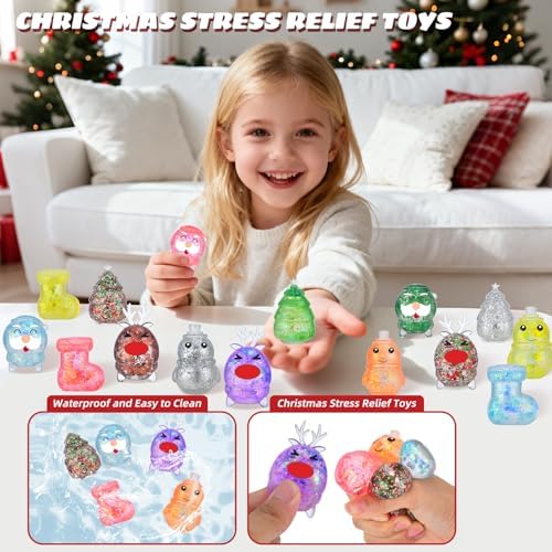 15 Pack Christmas Stress Ball Fidget Toys, Slow Rising Squishy Toys Glitter Squeeze Balls Stress Relief for Kids Girls Boys Christmas Party Favors Stocking Stuffers Fillers Gifts