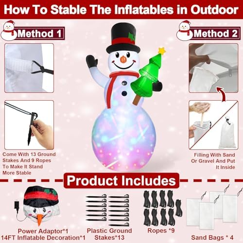 14 Ft by 7.5 Ft Large Christmas Inflatables Snowman Outdoor Decorations Build-in Rotating Colorful Light, Huge Snowman Inflatable with Christmas Tree & Hat Blow Up Yard Decor for Lawn Garden Outside