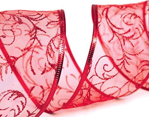 Red Gift Ribbon Wired Christmas Wire Edged Ribbons 2.5 Inches Wide x 50 Yards for Xmas Tree Organza Sheer Glitter Gift Wrap, Crafts, Decor, Holiday Wrapping/Craft & Flowers Valentines Day Large Roll