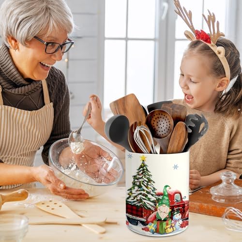 pinata Christmas Kitchen Decor Ceramic Utensil Holder, Cute Christmas Gnome Truck Utensils Holder, Xmas Ceramic Utensils Crock for Rustic Farmhouse Indoor Kitchen Decorations(6.3 Inches)