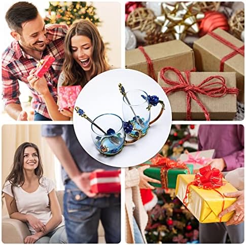 Tea Cup Glass Coffee Mugs,Fancy Tea Cup Set Birthday Christmas Valentine's Day Gift Idea for Tea Lover and Women Novelty Coffee Mugs Rose Flower Enamel Tea Cup Glass Mug with Spoon Set