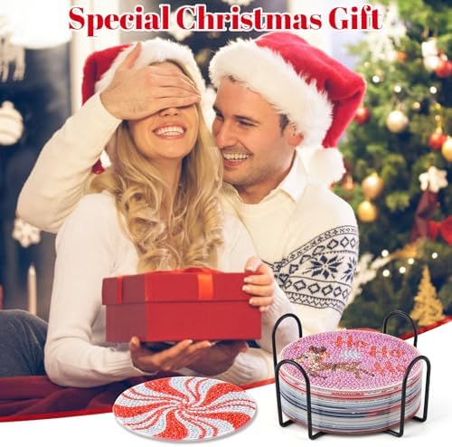 Diamond Art Christmas Coasters 12 Pcs Christmas Diamond Painting Kits,5D DIY Art Painting Coasters Supplies for Beginners Kids,Christmas Crafts for Adults Anti-Slip Diamond dotz with Holder