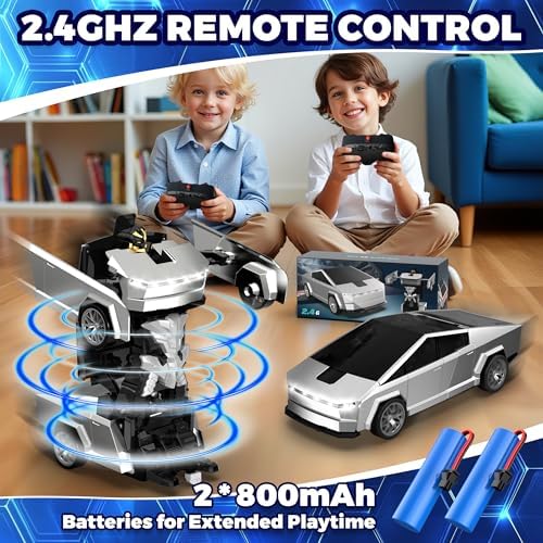 Transform RC Cyber Pickup Truck Cars Robot Toy for Kids, 2.4GHz Remote Control Car with One-Button Deformation 360° Rotation LED Lights Christmas Birthday Gifts for Boys Age 4-7-8-12(1:18 Scale )