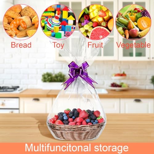 Yesland 16 Pcs Plastic Oval Basket for Gifts Empty, Small Bread Basket Food Storage Baskets with Clear Gift Bags and Colorful Pull Bows, 9 X 6 X 2.5 Inches Bin for Kitchen Restaurant Christmas