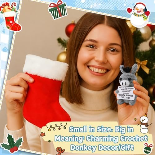 Funny Positive Badass Donkey Crochet Plush, Christmas Stocking Stuffer Motivational Gift for Coworkers, Best Friends – Emotional Uplifting Support Small Cute Crochet Stuffed Animals for Women Men