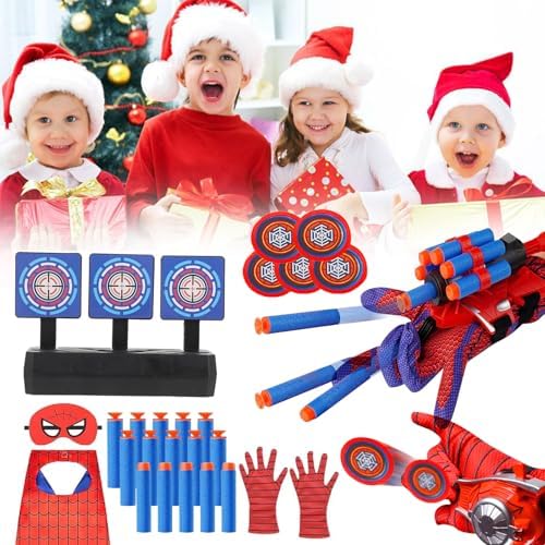 3 Sets Spider Web Shooters Wrist Launcher Toys with Hero Gloves Auto Resetting Boards Spider Cape and Mask Cosplay Costume for Kids Halloween Christmas Birthday Party Present for Boys Girls