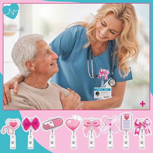 XunYee 8 Pack Pink Bow Nurse Badge Reels Xmas Retractable ID Name Nursing Medical Reels Badge Holder Christmas Stocking Gift for Nursing Student, ID Card Office Nurses Student, Teacher, Medical Worker